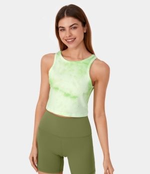 Halara Ribbed Knit Round Neck Tie Dye Cropped Yoga Tank Women's Tops Tie-dye Pale Green | YGBRPMS-89