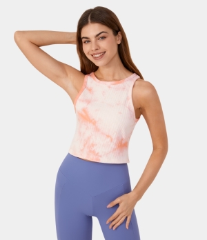 Halara Ribbed Knit Round Neck Tie Dye Cropped Yoga Tank Women's Tops Tie-dye Orange | ZDFHRQS-81