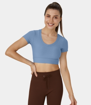 Halara Ribbed Knit Short Sleeve Cropped Yoga Sports Women's Tops Silver Lake Blue | BUTXIQK-61