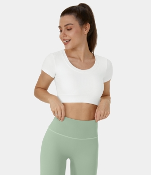 Halara Ribbed Knit Short Sleeve Cropped Yoga Sports Women's Tops White | UGMWRHB-09