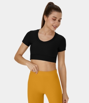 Halara Ribbed Knit Short Sleeve Cropped Yoga Sports Women's Tops Black | URBAYFT-32