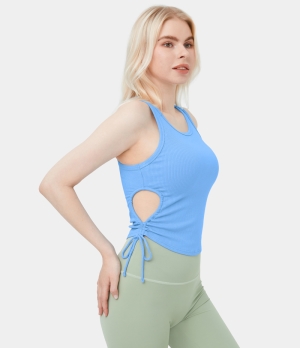Halara Ribbed Knit Side Drawstring Cut Out Cropped Barre Ballet Dance Tank Women's Tops Light Water Blue | EUHJLIF-02