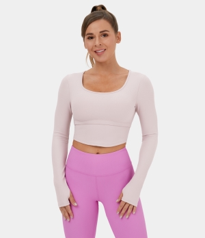 Halara Ribbed Knit Thumb Hole Asymmetric Hem Cropped Yoga Sports Women's Tops Lilac Ash | BFJQCPO-47