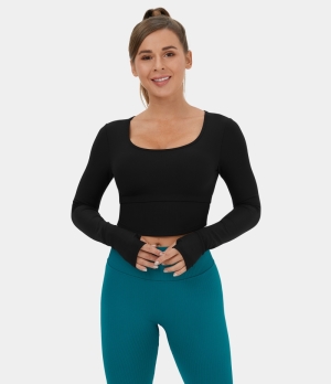 Halara Ribbed Knit Thumb Hole Asymmetric Hem Cropped Yoga Sports Women's Tops Black | DBNSLZX-10