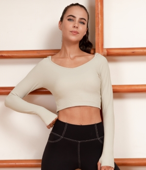 Halara Ribbed Knit V Neck Hooded Thumb Hole Cropped Sports Women's Tops Beige | JAZIQRO-13