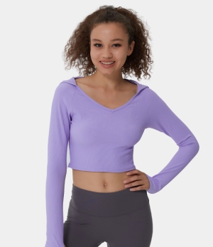 Halara Ribbed Knit V Neck Hooded Thumb Hole Cropped Sports Women's Tops Light Purple | MGZSFPN-68