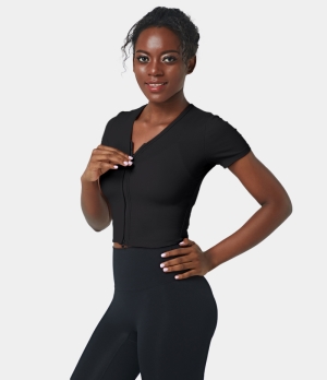 Halara Ribbed Knit V Neck Zip Up Cropped Women's Tops Black | ISDJVKO-28