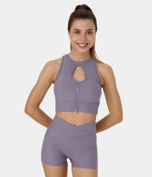 Halara Ribbed Knit Zip Front Cut Out Cropped Training Tank Women's Tops Dusk | HTRGUZB-65