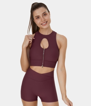 Halara Ribbed Knit Zip Front Cut Out Cropped Training Tank Women's Tops Cabernet | MFSHJQB-85