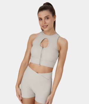 Halara Ribbed Knit Zip Front Cut Out Cropped Training Tank Women's Tops Silver Birch | MZGJCDB-80