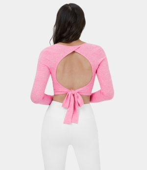 Halara Round Neck Backless Lace Up Cropped Casual Sports Women's Tops Prism Pink | FAXWLGN-47
