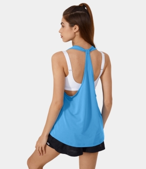 Halara Round Neck Backless Solid Yoga Tank Women's Tops Bright Blue | VAHXDQB-92