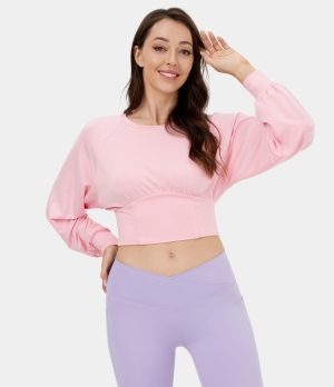 Halara Round Neck Batwing Sleeve Corset Cropped Casual Sweatshirt Women's Tops Barely Pink | MPNLGYO-25