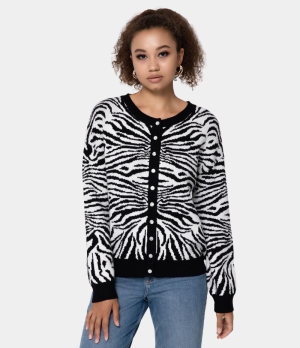 Halara Round Neck Button Front Animal Print Cardigan Women's Tops Black | BWPOKQG-50