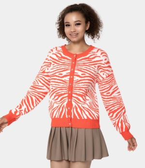 Halara Round Neck Button Front Animal Print Cardigan Women's Tops Pumpkin Orange | MVLWPOA-13