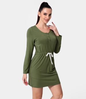 Halara Round Neck Button Long Sleeve Drawstring Pocket Mini Women's Dress Grey Green | 879620-QOL
