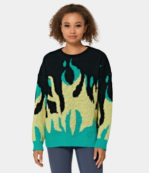 Halara Round Neck Color Block Fire Pattern Sweater Women's Tops Pine Green | YFITREW-53