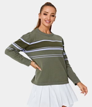 Halara Round Neck Color Block Striped Sweater Women's Tops Deep Olive | AKYXZWM-81