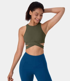 Halara Round Neck Crossover Hem Cut Out Cropped Yoga Sports Women's Tops Deep Sage | AWSFRNG-75