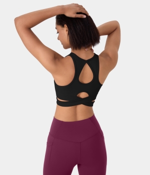 Halara Round Neck Crossover Hem Cut Out Cropped Yoga Sports Women's Tops Black | NDUJLTE-87