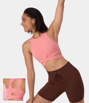 Halara Round Neck Crossover Hem Cut Out Cropped Yoga Sports Women's Tops Murex Shell | TYJVRDO-32