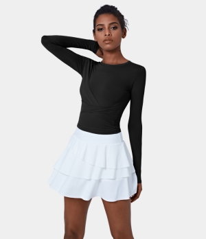 Halara Round Neck Crossover Plain Sports Women's Tops Black | PWUSFBJ-13