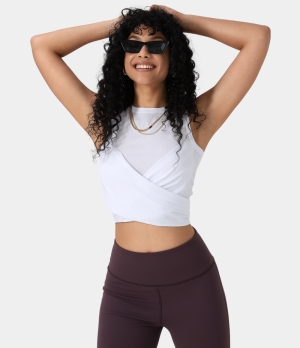 Halara Round Neck Crossover Tie Back Plain Cropped Tank Women's Tops White | XBJHPCQ-61