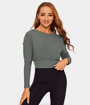 Halara Round Neck Cut Out Plain Cropped Sports Women's Tops Steel Gray | REJXPQA-32