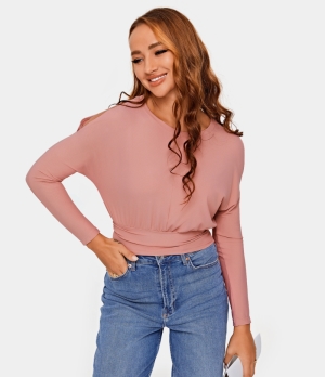 Halara Round Neck Cut Out Plain Cropped Sports Women's Tops Putty Pink | ROQKXHE-27
