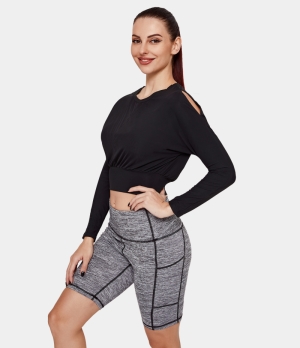 Halara Round Neck Cut Out Plain Cropped Sports Women's Tops Black | SODXAUH-05