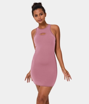 Halara Round Neck Cut Out Plain Women's Dress Lilac Pink | 854213-EQN