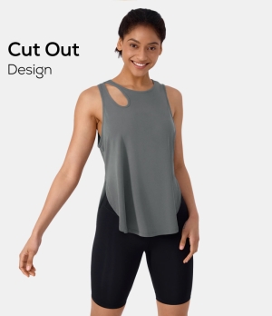 Halara Round Neck Cut Out Split Hem Yoga Sports Women's Tops Tradewinds | DRWPCYA-56