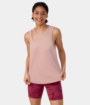 Halara Round Neck Cut Out Split Hem Yoga Sports Women's Tops Mauve Morn | PALJIVM-43