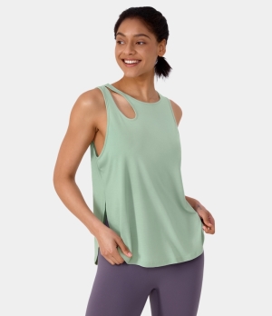 Halara Round Neck Cut Out Split Hem Yoga Sports Women's Tops Whisper Green | ZNYTDIP-39