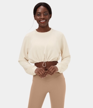 Halara Round Neck Drawstring Cropped Casual Sports Sweatshirt Women's Tops Gardenia | GNILPZX-56