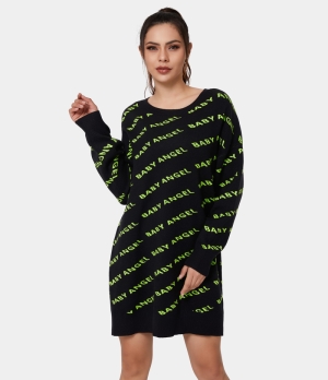 Halara Round Neck Dropped Shoulder Color Block Letter Print Sweater Women's Dress Black | 962341-UGF