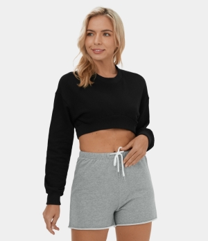 Halara Round Neck Dropped Shoulder Cropped Casual Sweatshirt Women's Tops Black | UAJLEDH-61