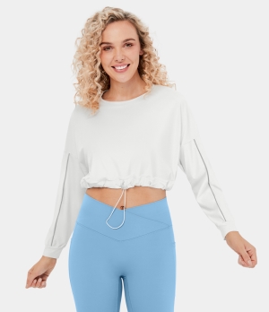 Halara Round Neck Dropped Shoulder Drawstring Cropped Sports Women's Tops White | GLMPDAO-20