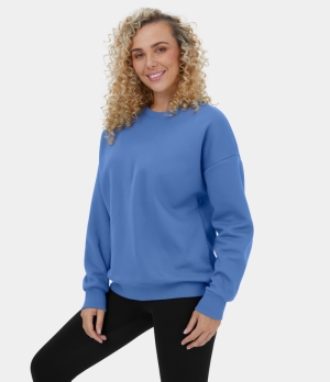 Halara Round Neck Dropped Shoulder Fleece Casual Sports Sweatshirt Women's Tops Ultramarine | AGJVSBI-50
