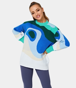 Halara Round Neck Dropped Shoulder Geometric Print Sweater Women's Tops Blue | UOVYCLG-73