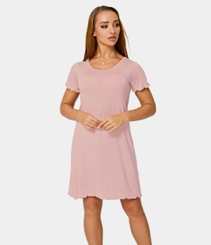 Halara Round Neck Frill Trim Plain Lounge Women's Dress Sheer Rosebud | 041793-YBR