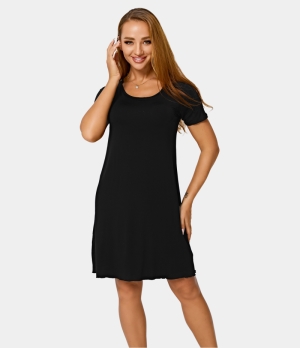 Halara Round Neck Frill Trim Plain Lounge Women's Dress Black | 625879-BQD