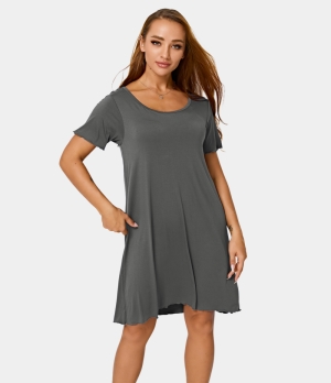 Halara Round Neck Frill Trim Plain Lounge Women's Dress Lead Grey | 793852-MKY