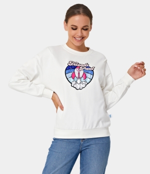 Halara Round Neck Graphic Print Sweatshirt Women's Tops White | IJSLCAD-05