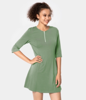 Halara Round Neck Half Zip Half Sleeve Plain Mini Women's Dress Moss Green | 195243-EUW