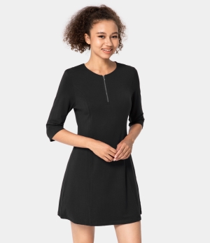 Halara Round Neck Half Zip Half Sleeve Plain Mini Women's Dress Black | 426371-GLA