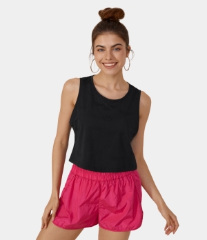 Halara Round Neck Jacquard Cropped Yoga Tank Women's Tops Black | LMRAUBD-81