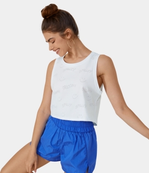 Halara Round Neck Jacquard Cropped Yoga Tank Women's Tops White | MRFTZIB-03