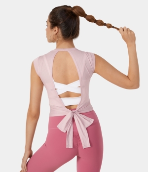 Halara Round Neck Lace Up Cut Out Barre Ballet Dance Sports Women's Tops Mauve Morn | GUDRBSP-05