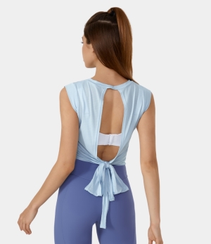 Halara Round Neck Lace Up Cut Out Barre Ballet Dance Sports Women's Tops Country Air | HAOLVBZ-67